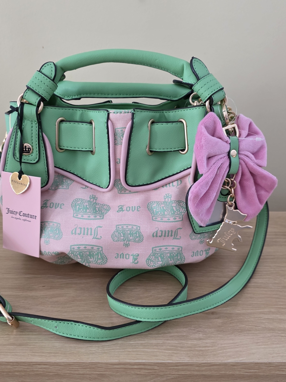 Juicy Couture Fan Club Pink Diamond Retro Green & Pink Logo Mini Satchel